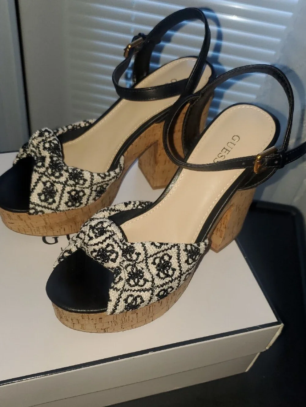 GUESS Black and Ivory Patterned Cork Platform Wedge Sandals